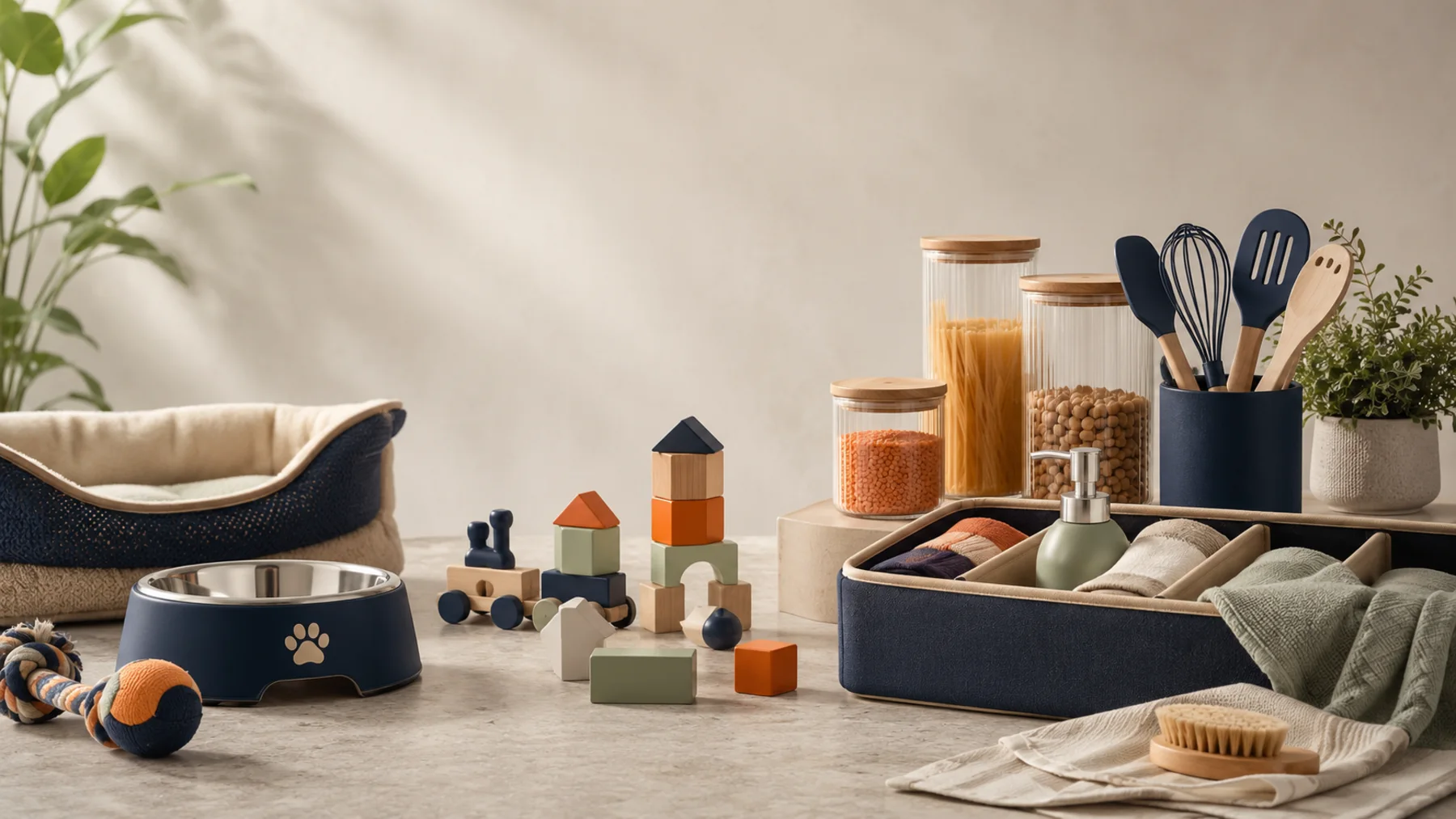 Pet, toy and home products arranged in a modern lifestyle setting